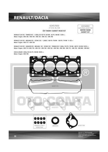 42457003 Üst Takım Contası Clio-Kangoo -Megane -Logan-Sandero 1.5dcı K9K 712-714-718-724-760 Teflon Keçeli Sub.las 7701475763