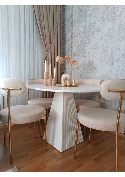 90 cm Yuvarlak Bej Fitilli Ahşap Yemek Masası - Fungi Serisi - Mutfak Balkon Kafe Masası