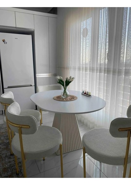 90 cm Yuvarlak Bej Fitilli Ahşap Yemek Masası - Fungi Serisi - Mutfak Balkon Kafe Masası