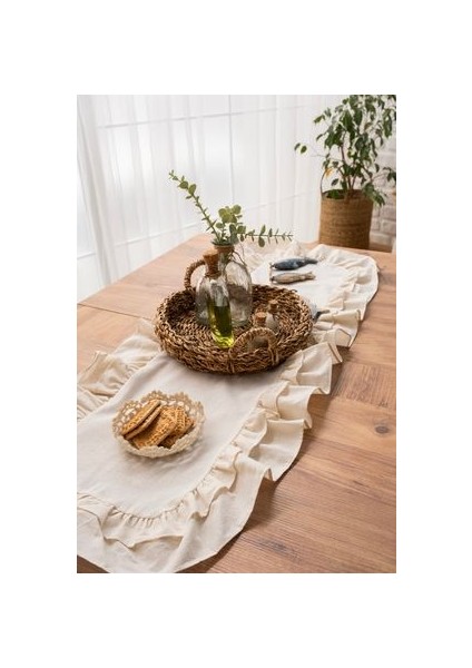 Rufle I Runner Naturel Çiftfırfırlı Keten Vintage 40 x 110 cm
