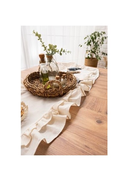 Rufle I Runner Naturel Çiftfırfırlı Keten Vintage 40 x 110 cm modelleri