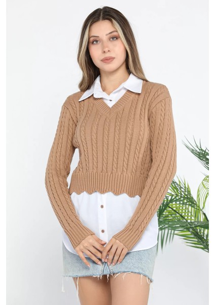 Kadın Gömlek Garnili Örgü Detaylı Triko Bluz
