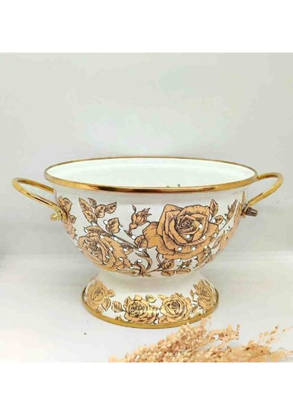 Sarı Gül Emaye Dekoratif Süzgeç Kevgir Meyvelik Sunumluk