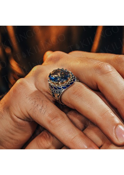 925 Ayar Gümüş Mavi Topaz Taşlı Zirkon Taş Detaylı Usta Işi Erkek Yüzük
