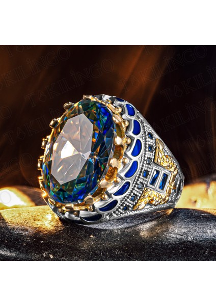 925 Ayar Gümüş Mavi Topaz Taşlı Zirkon Taş Detaylı Usta Işi Erkek Yüzük fiyatları