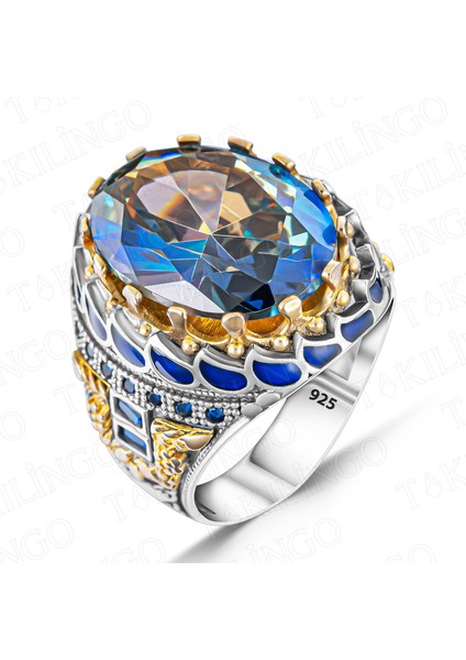 925 Ayar Gümüş Mavi Topaz Taşlı Zirkon Taş Detaylı Usta Işi Erkek Yüzük modelleri