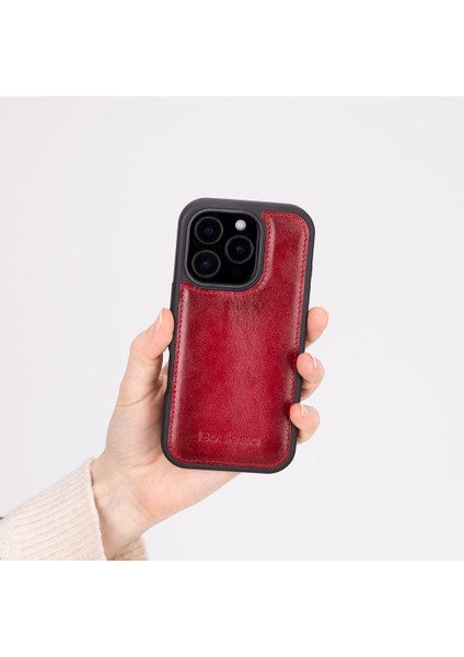 Apple iPhone 16 Pro Uyumlu, Deri, El Yapımı Kılıf, Gölgeli Kırmızı