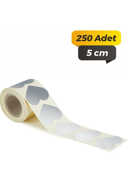 Kalp Kesimli Gümüş Yaldız Çok Amaçlı Etiket 5cm (250 Adet)