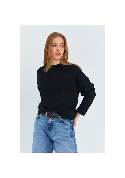 6913 Kadın Salaş Yumuşak Dokulu Oversize Triko Kazak Siyah modelleri