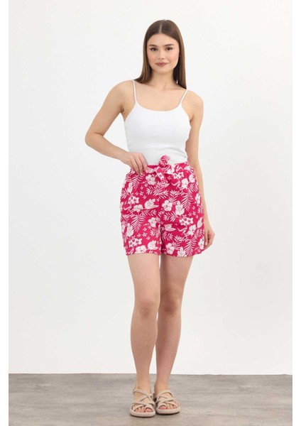 4356A Çiçek Desenli Şort Fuşya