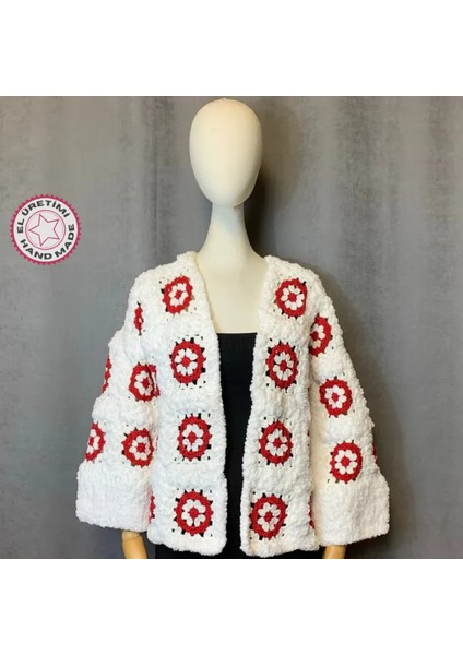 El Örgüsü Beyaz - Kırmızı Pamuk Ip Örgü Kadın Günlük Ceket / Hırka - 36/38/40