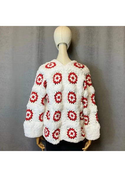 El Örgüsü Beyaz - Kırmızı Pamuk Ip Örgü Kadın Günlük Ceket / Hırka - 36/38/40 modelleri