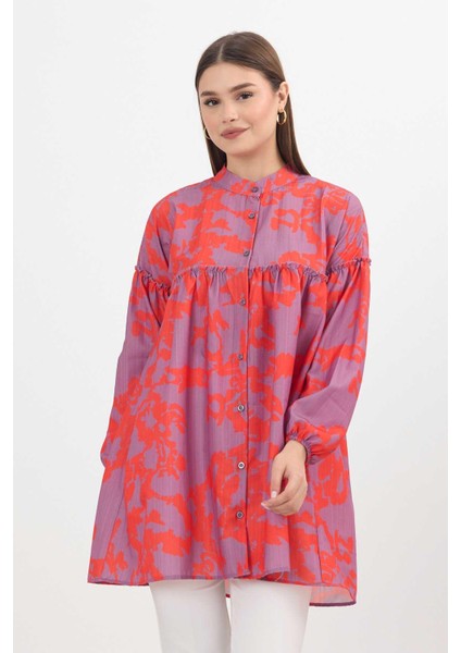 4366A Desenli Kol Lastikli Tunik Orange