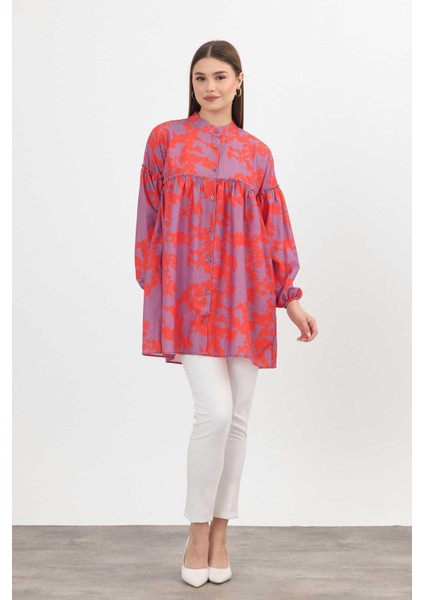 4366A Desenli Kol Lastikli Tunik Orange