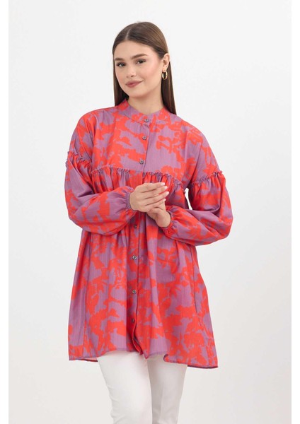 4366A Desenli Kol Lastikli Tunik Orange