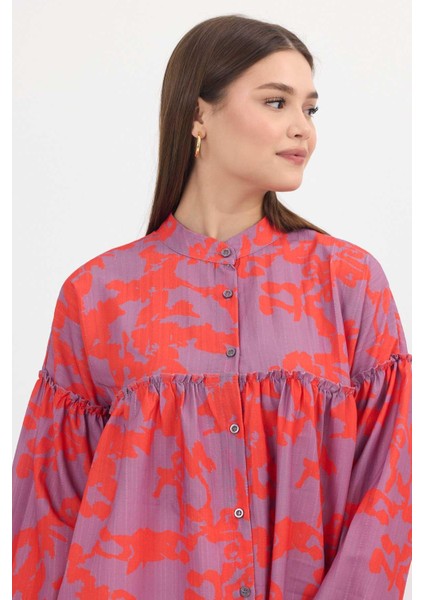 4366A Desenli Kol Lastikli Tunik Orange