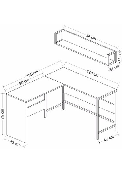 Porto Metal Ayaklı Raflı Çalışma Masası - Kaman / Siyah