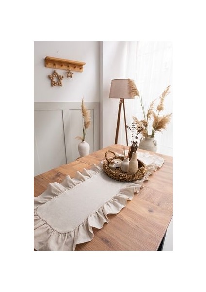 Premium | Rufle Naturel Keten Fırfırlı Runner Vintage 40 x 110 cm Bohem