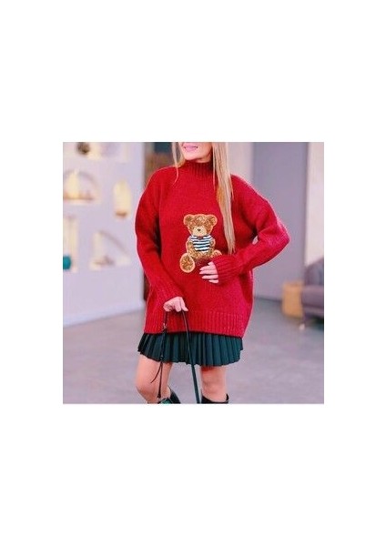 Peluş Ayıcıklı Kırmızı Triko Kazak