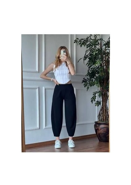 Kadın Siyah Balon Pantolon Full Likralı Beli Lastikli Trend