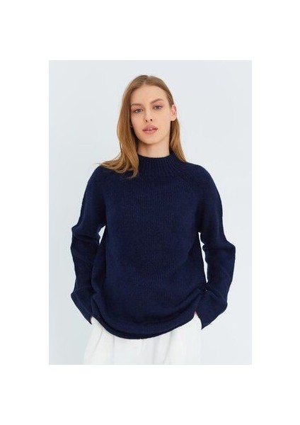 6849 Kadın Dikişsiz Dik Yaka Triko Kazak Lacivert