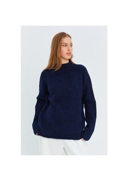 6849 Kadın Dikişsiz Dik Yaka Triko Kazak Lacivert modelleri