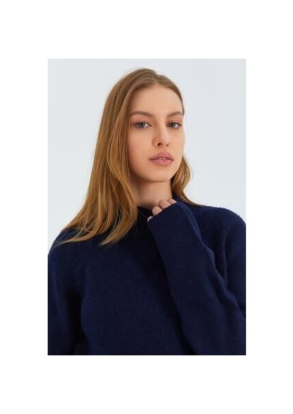 6849 Kadın Dikişsiz Dik Yaka Triko Kazak Lacivert indirimleri