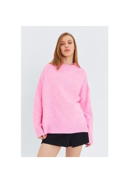 6913 Kadın Salaş Yumuşak Dokulu Oversize Triko Kazak Pembe