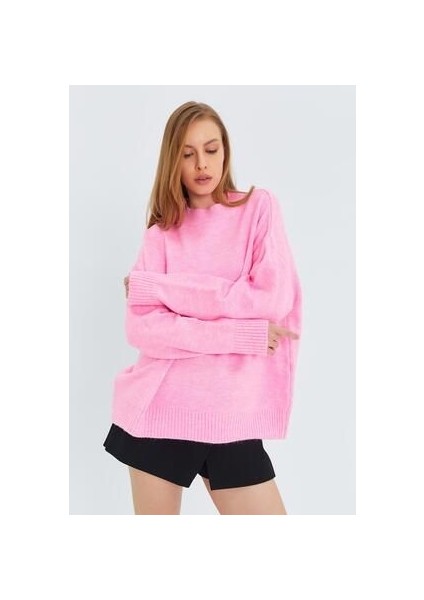 6913 Kadın Salaş Yumuşak Dokulu Oversize Triko Kazak Pembe modelleri