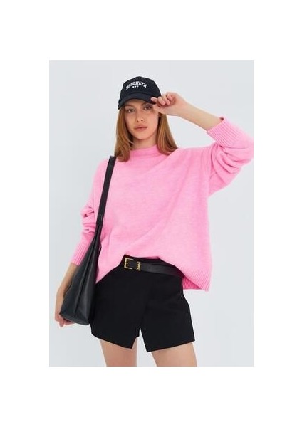 6913 Kadın Salaş Yumuşak Dokulu Oversize Triko Kazak Pembe indirimleri