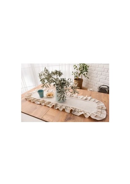 Premium | Rufle Naturel Keten 2 Fırfırlı Runner Vintage 40 x 110 cm Bohem