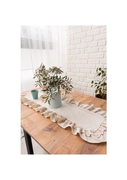 Premium | Rufle Naturel Keten 2 Fırfırlı Runner Vintage 40 x 110 cm Bohem modelleri