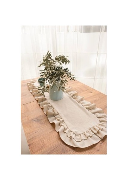 Premium | Rufle Naturel Keten 2 Fırfırlı Runner Vintage 40 x 110 cm Bohem fırsatları