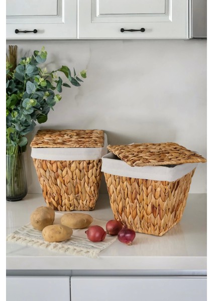 Rita - 2 Li Dekoratif Iç Korumalı Hasır Kapaklı Çok Amaçlı Patates ve Soğan Sepeti