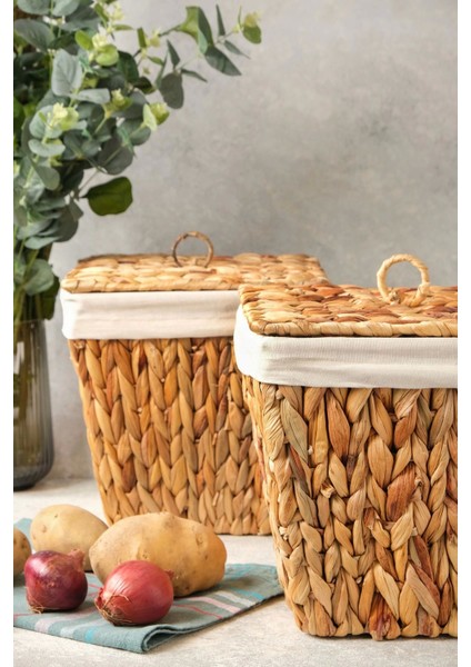 Rita - 2 Li Dekoratif Iç Korumalı Hasır Kapaklı Çok Amaçlı Patates ve Soğan Sepeti modelleri