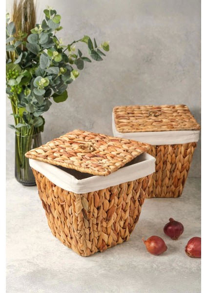 Rita - 2 Li Dekoratif Iç Korumalı Hasır Kapaklı Çok Amaçlı Patates ve Soğan Sepeti fırsatları
