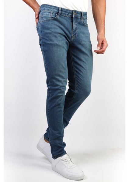 - Mavi Taşlamalı Slim Fit Likralı Jean Erkek Kot Pantolon Mavi