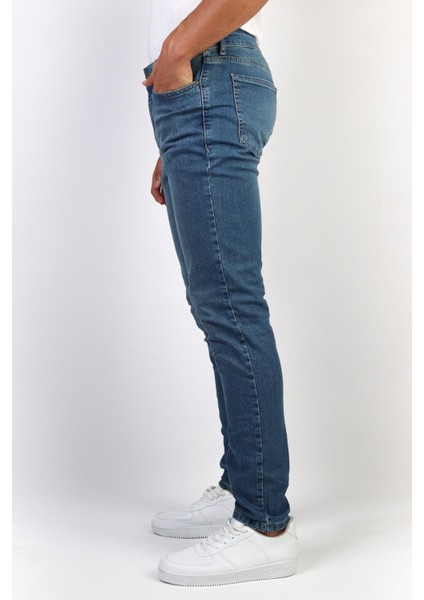 - Mavi Taşlamalı Slim Fit Likralı Jean Erkek Kot Pantolon Mavi