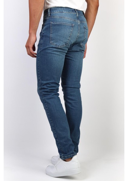 - Mavi Taşlamalı Slim Fit Likralı Jean Erkek Kot Pantolon Mavi