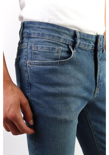 - Mavi Taşlamalı Slim Fit Likralı Jean Erkek Kot Pantolon Mavi