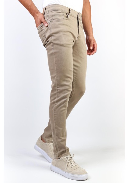 - Bej Slim Fit Likralı Jean Erkek Kot Pantolon Bej