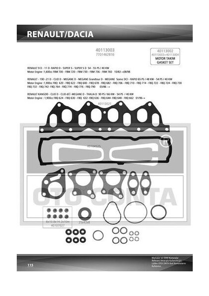 40113003 Üst Takım Contası Kangoo -Renault 19-Megane -Scenic 1.9 D Keçeli Subap Lastiklı Skc Sız 6001545269