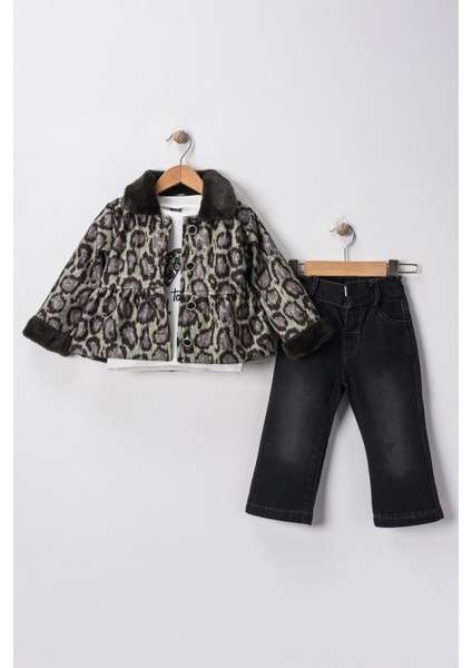 Leopar Ceketli Kürk Detaylı Kız Çocuk 3 lü takım - Gri