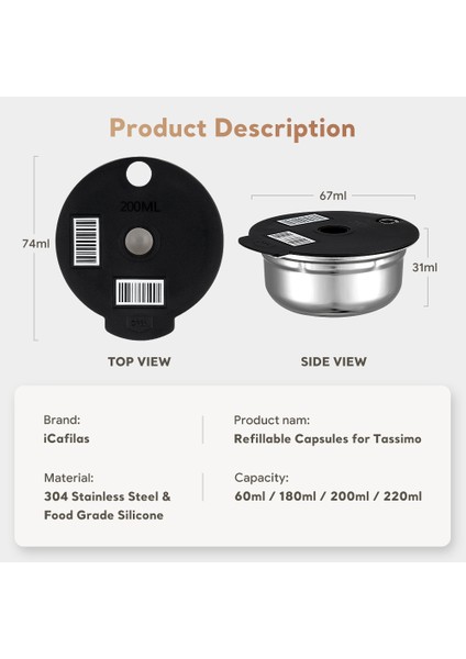 NO.180 Tarzı Icafilas Bosch Tassimo Paslanmaz Çelik Kahve Kapsül Pod Doldurulabilir Filtre Kahve Makinesi Silikon Kapak ml (Yurt Dışından)