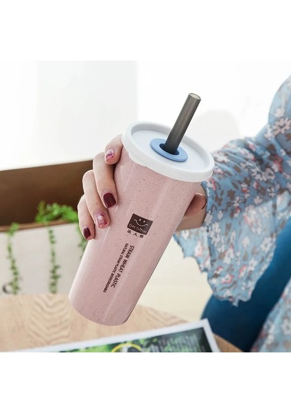 Pembe Tarzı Su Bardağı Taşınabilir Kolay Bardak Çift Kapaklı Kola Kahve Plastik Seyahat Buğday Samanı Kapaklı Su Bardağı Bardak Içme Bardağı Aile Hediyesi (Yurt Dışından) fırsatları