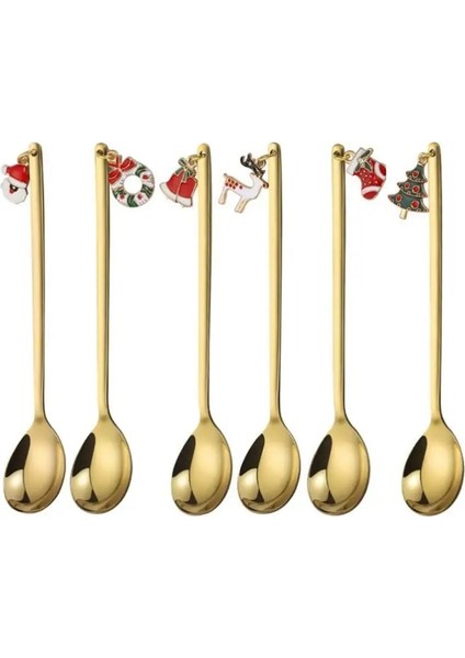 Altın Kaşık Seti Stili Gösteri Olarak 6 Adet Noel Paslanmaz Çelik Kahve Kaşığı Çay Kaşık Çocuklar Kaşık Festivali Parti Sofra Yılbaşı Hediyeleri Için Set Newyea (Yurt Dışından)