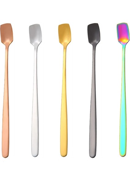 Renkli Stil 15CM Yüksek Li 304 Paslanmaz Çelik Kare Kafa Buz Kaşığı Ev Mutfak Uzun Saplı Kahve Tatlı Kokteyl Karıştırma Kaşık (Yurt Dışından)