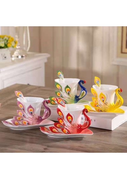 Sarı Stil Avrupa Tarzı Seramik Kahve Fincanı Yaratıcı Kemik Çini 3D Emaye Porselen Çay Bardağı Tabağı Kaşık Hediye Fincan (Yurt Dışından)