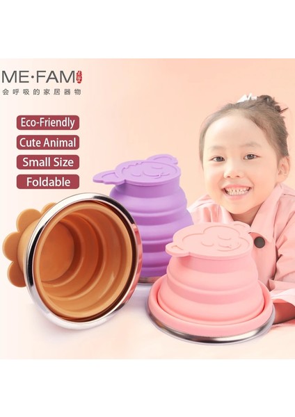Maymun - Pembe Stil Me.fam Yeni Sevimli Karikatür Hayvan Paslanmaz Çelik Silikon Pe Kapaklı Katlanır Bardak Açık Katlanabilir Seyahat Çocuk Su Bardağı (Yurt Dışından)