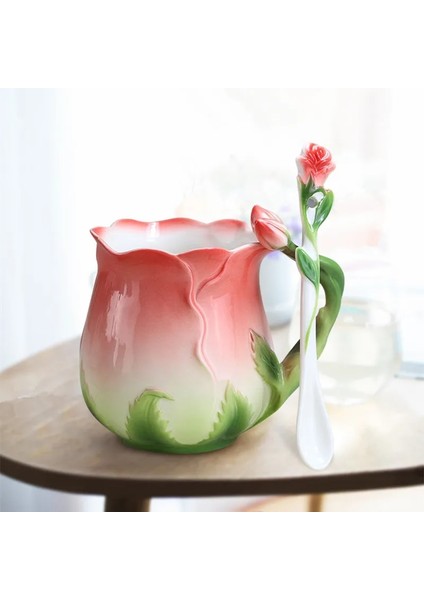 Sarı Stil Avrupa Tarzı Emaye Seramik Kahve Kupa Yaratıcı 3D Gül Çiçek Şekli Çay Fincanı Pastoral 4 Renk Kahvaltı Kaşıklı Süt Bardakları (Yurt Dışından)